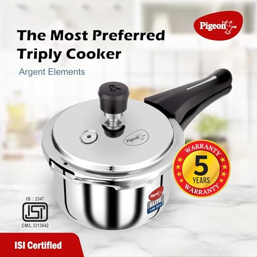 Image of Pigeon By Stovekraft Elite Shine 1.5Liters Tri-Ply Body Outer Lid Pressure Cooker Induction And Gas Stove Compatible That Distributes Heat Evenly For Uniform Cooking (Stainless Steel, Silver)