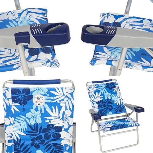 Image of Rio Beach 4-Position High Folding Beach Chair with Cup Holder, Arms, Bottle Opener, and Carry Strap, 15 inch H Outdoor Portable Camping Chair, Supports up to 250 lbs., Blue