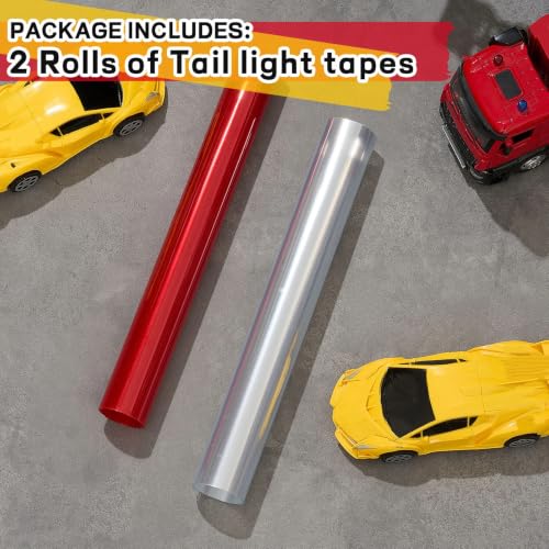 Image of Patelai 2 Rolls 3.94 ft X 11.81 Inches Self Adhesive Repair Light Tape Auto Tail Light Tape Fog Lights Tint Tape Headlight Lens Tape (Red, Clear)