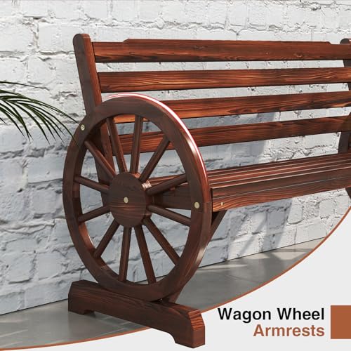 Image of kinbor 55 inch Wooden Rustic Wagon Wheel Bench, Outdoor Bench Seat, Backrest
