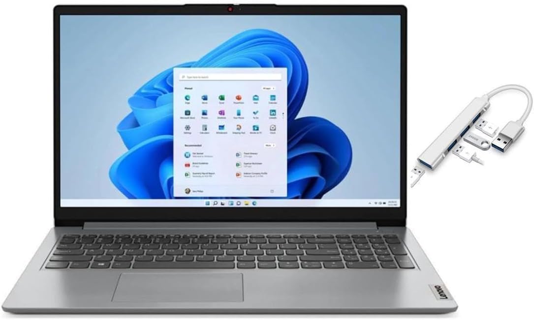 Lenovo IdeaPad 1i 15.6 FHD Laptop | Intel Celeron N4500 | Intel UHD Graphics | 720P Webcam| Bluetooth 5| Grey | 4GB RAM | 128GB SSD | Windows 11 S |Bundle with USB 3.0 Hub