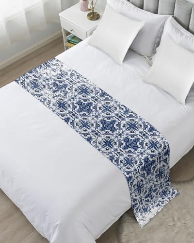 Ldtrchee Bed Runner for King Size Bed, Navy Blue Boho Bed Scarf Throws for Foot of Bed, Ehtnic Abstract Art Modern Geometric Luxury Bedding Protector Bed Runners for Hotel/Home, 94 x 20 Inch