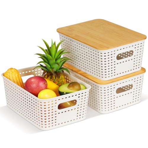 Aufbewahrungsbox mit Bambus Deckel, 3 Stück Kunststoff Korb Aufbewahrung,...