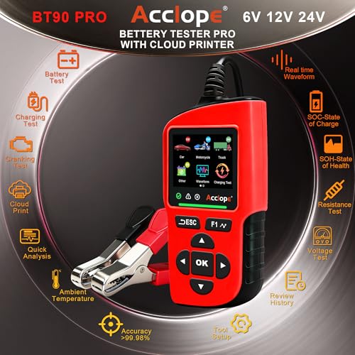 Image of BT90 PRO 2-360Ah Battery Tester with Cloud Printing, 30-3800 CCA, 6V /12V /24V Digital Analyzer, SOH /SOC /Volt /Res /Cranking&Charging Test, Real‑Time Ambient Temp, AGM /EFB /Gel /Li