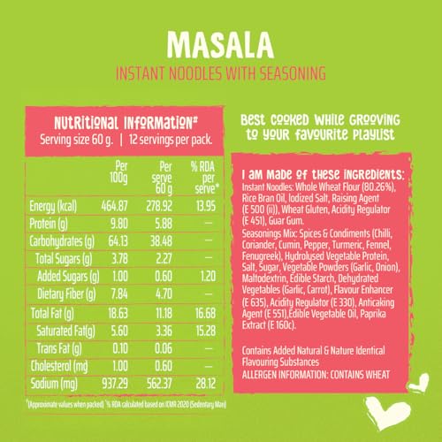 Image of Wickedgud Whole Wheat Masala Noodles Jumbo Pack, No Maida, No Palm Oil, No MSG | 720 g (Pack of 12, 60 g each)