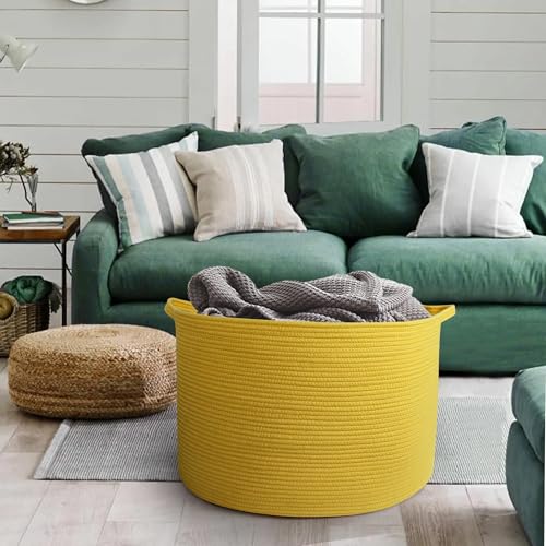 Image of MEGASKET Extra Large Yellow Basket, 22 inch X 22 inch X 14 inch Cotton Rope Yellow Decor for Living Room Bedroom, Woven Basket for Blanket, Laundry, Towel, Shoe, Baby Nursery Toy Organizer, Room Decor Storage Bin