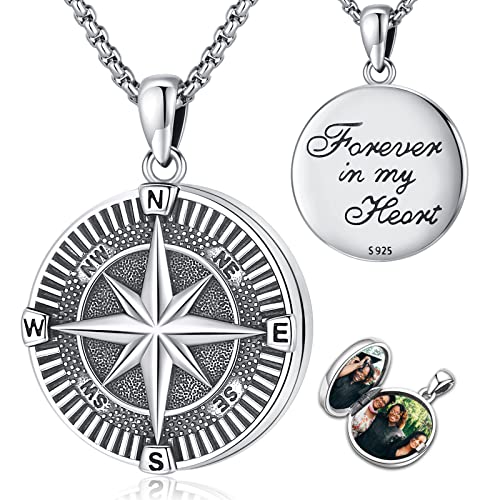 Eusense Colgante para Foto Brújula Collar Fotos 925 Plata Esterlina Graduación de Joyería para Hombre Mujer