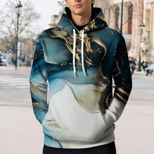 LOAIHA Men's Marble Print Hooded Sweatshirt Lightweight Terry Cloth Pullover Streetwear Modern Artistic Long Sleeve Top2