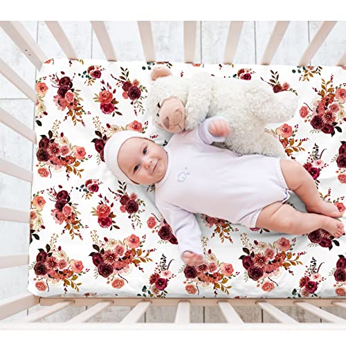 Image of SWESEN Fitted Crib Sheets for Baby Girls, Jersey Cotton Floral Nursery Sheets for Standard Crib and Toddler Mattresses 28 in x 52 in, Burgundy Watercolor Flower