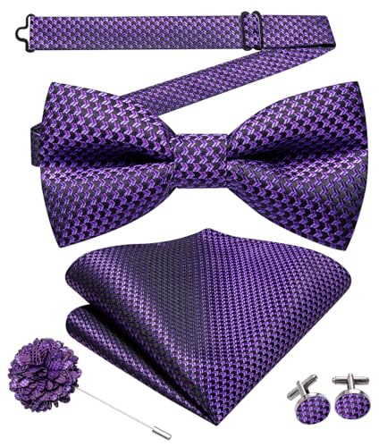 Image of Hi-Tie Bow Ties for Men Pre-Tied Pocket Square with Cufflinks Mens Bowtie Sets for Wedding Formal Party