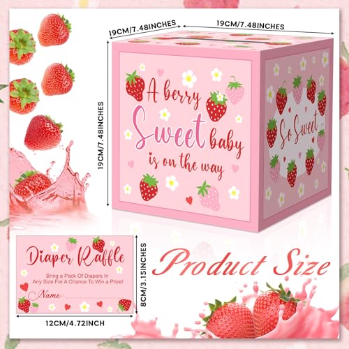 Image of 51Pcs Pink Strawberry Diaper Raffle Tickets with Box Strawberry Baby Shower Game Kit Party Decors Favor A Berry Sweet Baby Is On The Way Holder Box for Girl Boy Gender Reveal Party Invitation Supplies