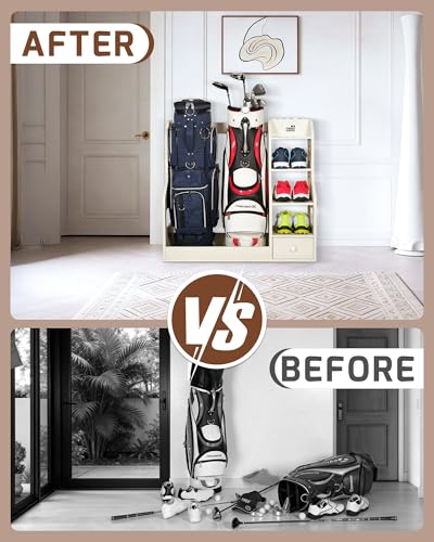 Image of Mythinglogic Wooden Golf Bag Storage Rack for 2 Bags with Drawer