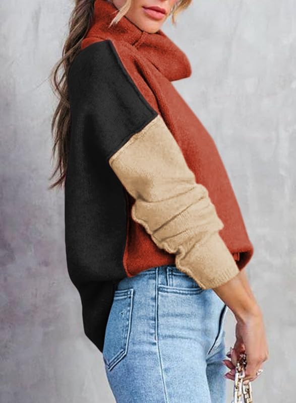 Dokotoo Womens Turtleneck Sweaters Casual Long Sleeve Color Block Side Slit Pullover Knit Jumper Tops - Image 3