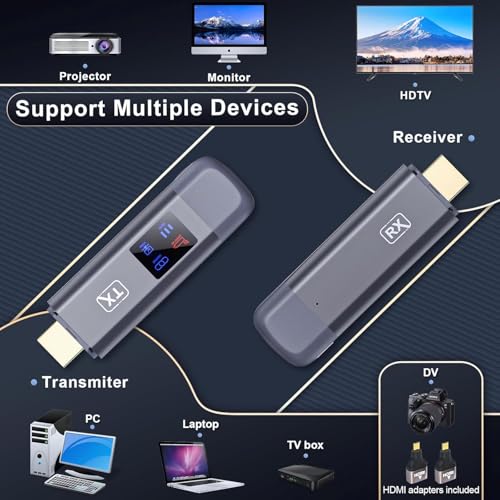 Image of Wireless HDMI Transmitter and Receiver, Plug and Play 2025 Upgraded LED Display, 4K Decode & 1080P Output,Portable 2.4G /5G Wireless HDMI Extender,Compatible with PC /Laptop /Camera /HDTV /Projector