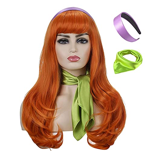 Orange Wig with Bangs Long Wavy Daphne Wig Cosplay Costume for Women Halloween with Purple Headband and Green Scarf