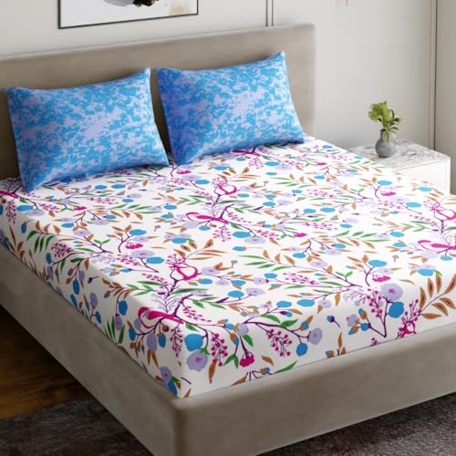 Image of Dreamscape 100% Cotton Bedsheet for King Bed, 186 TC, 1 Bed Sheet (Size 87 x 108 inches) with 2 Pillow Covers - Blue