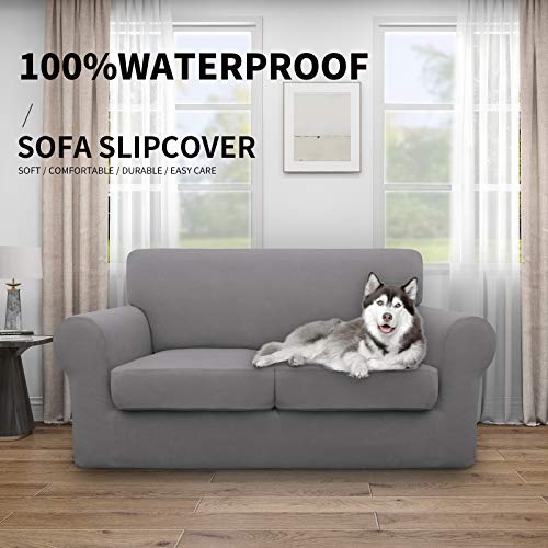 Image of Easy-Going Waterproof 3-Piece Loveseat Cover Couch Covers for Sofa | Stretch Spandex Sofa Cover Protector Bottom for 2 Cushion Couch Dog Pet Friendly Living Room Light Gray