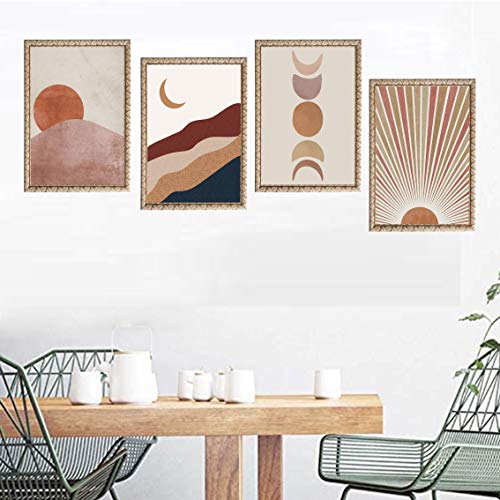 Fwk Sunset Sunrise Landscape Art Prints Modern Mid Century Geometric Decor Boho Sun And Moon Wall Art Painting Set Of 4 (8X10 Canvas Picture) Office Bedroom Kitchen Home Decor Unframed #TOP2