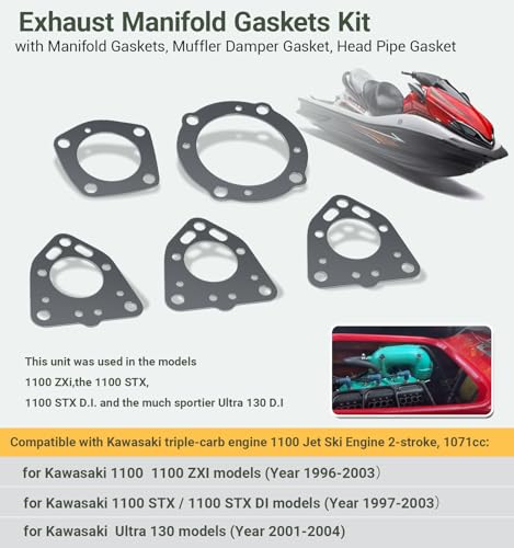 Image of Exhaust Gasket Repair Kit for Kawasaki Jet Ski 1100 ZXi, STX 1100, STX DI & Ultra 130 (1996-2004), Exhaust Head Pipe & Muffler Gaskets Replacement Set
