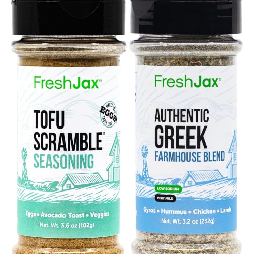 Plant-Based Seasoning Duo: FreshJax Tofu Scramble Mix and Greek Farmhouse Mediterranean Spice Blend Bundle – All-Purpose Greek Seasoning and Vegan Egg Substitute Powder for Healthy Cooking (2-Pack)