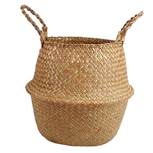 Nicetruc Seegras-Speicher-Korb mit Griffen Gewebte Bauchblumentopf Organizer für Wäsche Picknick Wohnzimmer Schlafzimmer (26x23cm) Cover