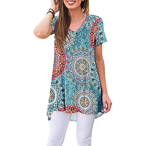 AUSELILY Women's Summer Tops Casual Short Sleeve V-Neck T-Shirt Tunic(Print Green,Large) Cover