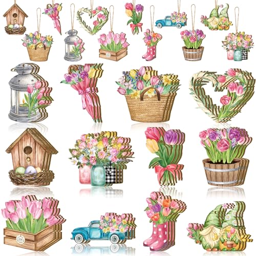 Wenqik 36 Pcs Spring Ornaments for Tree Spring Flower Tulip Wooded Decorations Easter Tree Decorations Farmhouse Hanging Sign for Holiday Easter Party Home Decoration(Flower)