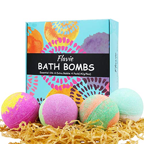 Bath Bombs, Bubble Bath, Organic SPA Gift Set 4 XXL 5 OZ, Bath Salts, Coconut Oil, Flavie, Natural Fizzie Relaxing to Moisturize Dry Skin for Women, Girlfriend