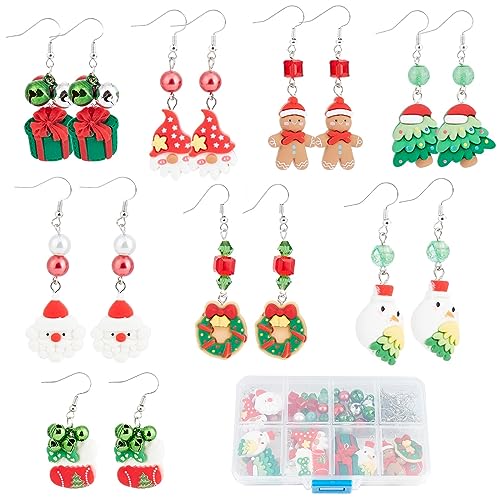 SUNNYCLUE 1 Box DIY 8 works Christmas Charms Resin Xmas Gingerbread Man Charm Earrings Making Starter Kit Santa Claus Bear Flat Back Charm Love Heart Christmas Tree Charms for jewellery Making Kits