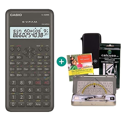 Casio FX-82MS 2 + Mathefritz CD de aprendizaje CALCUSO (alemán) + SafeCase Funda protectora SafeCase + Kit de geometría de Calcuso