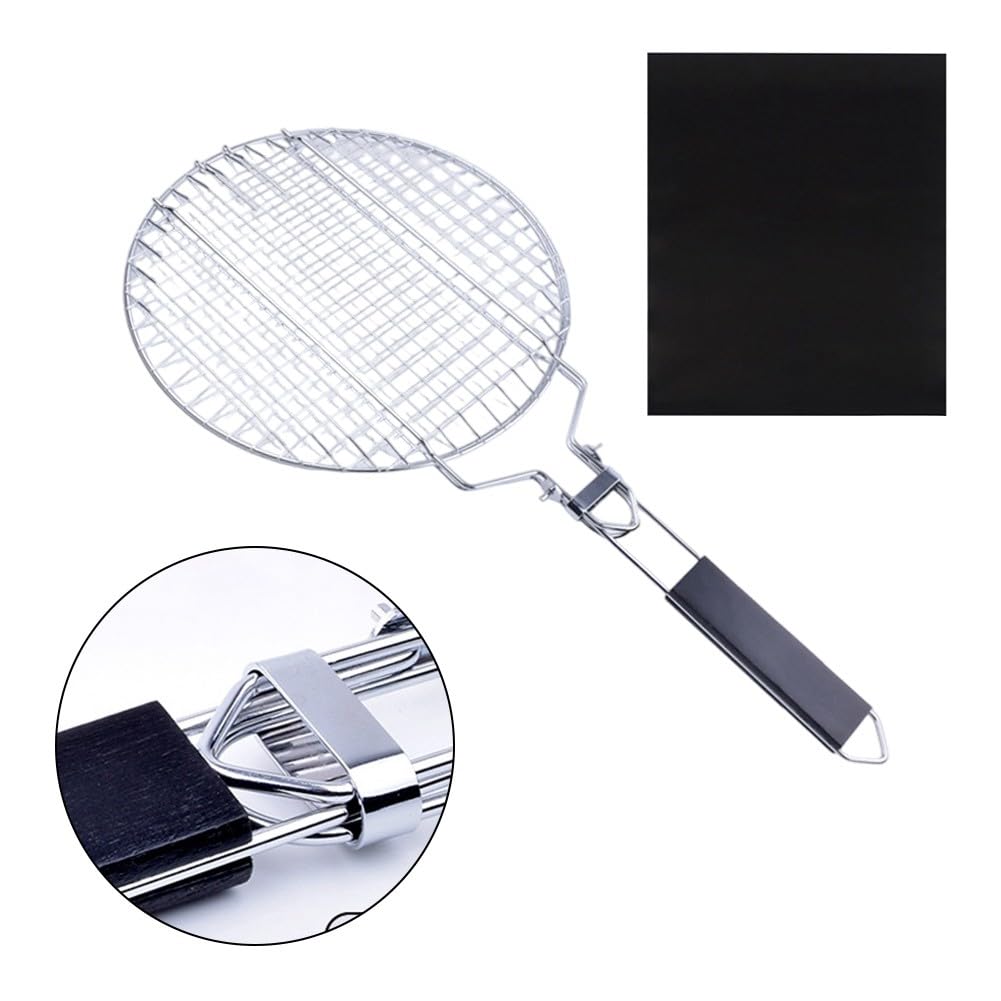 EasyByMall Grillkorb aus Edelstahl mit Holzgriff für Pfannenwender, 55 x 28 cm, Grillnetz zum einfachen Wenden von Fleisch und Gemüse, Silber