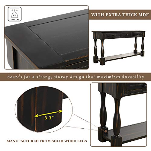 Merax Lumisol 64 Inch Long Console Table With 3 Drawers And Bottom Shelf, Sofa Table Entryway Table For Hallway, Living Room, Easy Assembly (Distressed Black) #TOP6