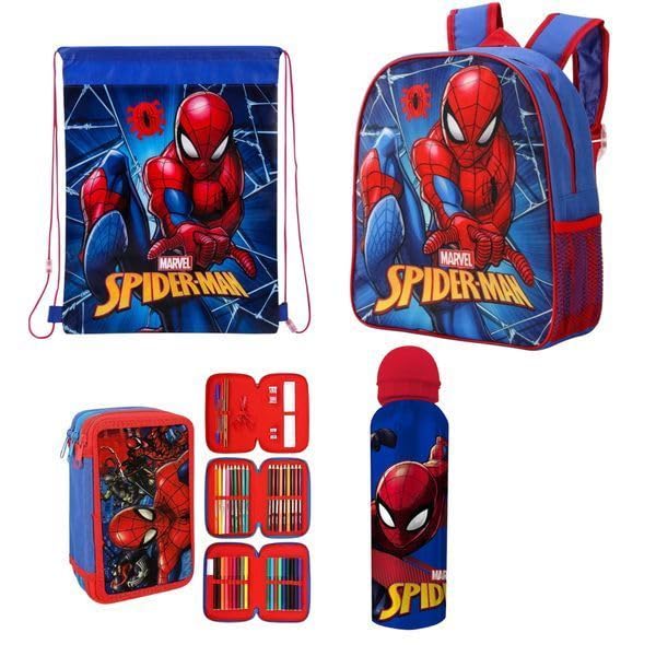 Top Linen (NW) Ltd Kids Character 4-Piece Set Backpack Gym Bag Water Bottle & Filled Pencil Case Characters for Boys and Girls Perfect for School Sports Travel and More! (Junior Spiderman)