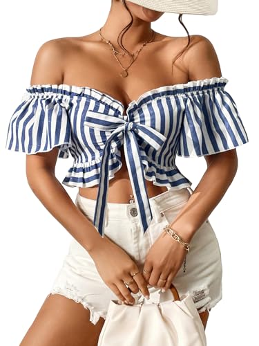 WDIRARA Women's Striped Off The Shoulder Blouse Short Sleeve Crop