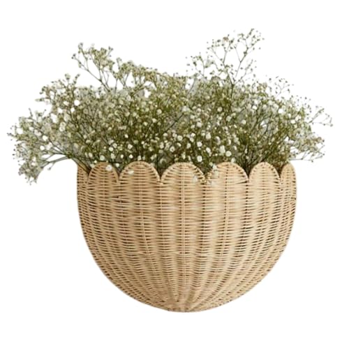 Wicker Wall Basket -Scalloped Rattanハンギングバスケット、手作りの保管|鍵、おもちゃ、花、雑貨、ホームB&Bの装飾、リビングルーム、勉強、バスルーム用の牧歌的な壁に取り付けられたオーガナイザー