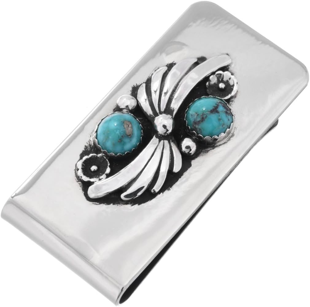 Alltribes Navajo Kingman Turquoise Silver Money Clip Sterling Hammered Fan Design on Silver Clamp 0086