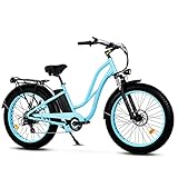 Best Beach Cruiser Electric Bikes 2022 - Electric bike Maxfoot Electric Bike for Adults 26" Fat Tire 750W Step-Thru Eletctric e Bike for Womens MF-17 Bicycle (Cyan-1)