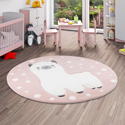 Pergamon Maui Kids - Tapis pour Enfant Rond - Motif Lama alpaga Rose - 3 Tailles Disponibles