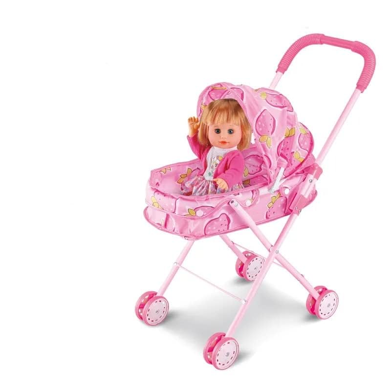 PamPam Kids Toy Baby Doll Stroller, Folding Baby Stroller for Toddlers, Dolls Accessories Set, Children Cart, Foldable Frame, Pink