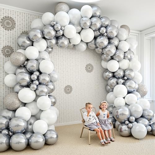 Image of 412Pcs White and Silver Balloons Arch Kit, 18 12 10 5 Inch White Metallic Silver Latex Balloon for Wedding Bridal Shower Engagement Anniversary Birthday Party Decorations