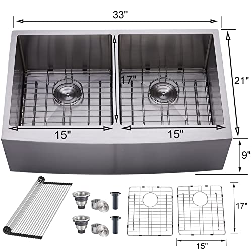 Image of SHACO 33 Inch Stainless Steel Farmhouse Sink, 50 /50 Double Bowl Apron Front Farm Sink for Kitchen, Brushed Nickel