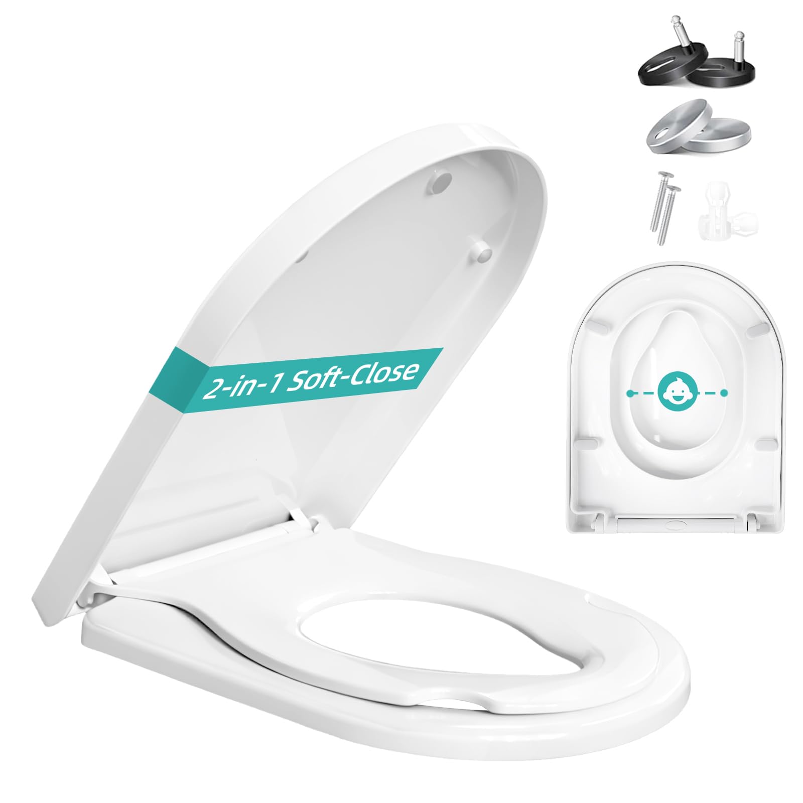 Shgjutop Toilet Seat Soft Close, Soft Close Toilet Seat D Shaped-Family White with Adjustable Hinges, Universal Quick Release Toilet Seats Lid in Sturdy Anti-Bacterial Premium PP Material