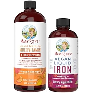 MaryRuth’s MaryRuth’s Liquid Morning Multivitamin +Hair Growth (Peach Mango, 30oz) & Iron Liquid (Berry) | Clean Label Project Verified® | Beauty, Immunity, & Overall Health | Vegan, Non-GMO