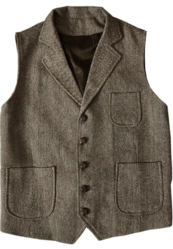 Men's Vintage Herringbone Suit Vest Five-Button Tweed Blended Casual Waistcoat for Party - Main Image