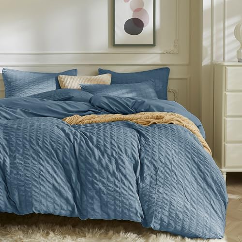 JELLYMONI Sierra Blue Duvet Cover Queen Size, 3pcs Washed Microfiber Bedding Set, Soft Breathable Seersucker Duvet Cover Set with Zipper Closure and Corner Ties for All Seasons