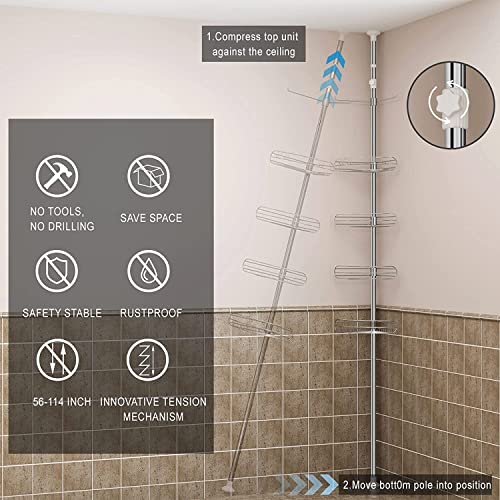 Allzone Rustproof Shower Caddy Corner For Bathroom,Bathtub Storage Organizer For Shampoo Accessories,4 Tier Adjustable Shelves With Tension Pole, 56 To 114 Inch, Silver #TOP6