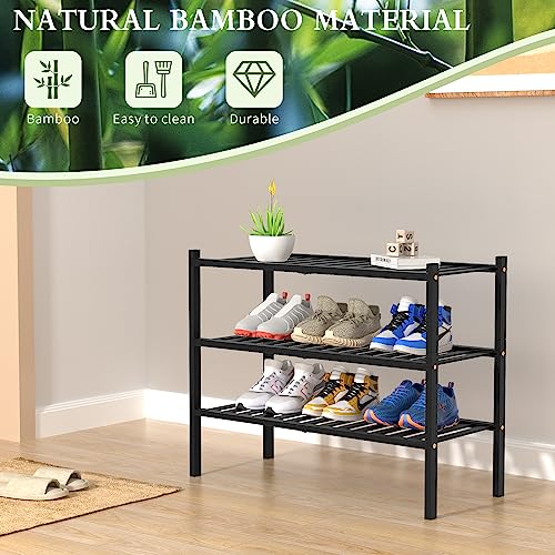 3 Tier Bamboo Shoe Rack for Closet Free Standing Wood Shoe Shelf Storage Organizer for Entryway Small Space Stackable 27"x11"x20" (Black)