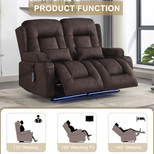 Image of URRED Power Loveseat Recliner Sofa with Massage and Heat, Wall Hugger Reclining Loveseat, RV Couch Home Theater Seating with LED Lights for Living Room (Brown, 54 inch - 2 Seats)