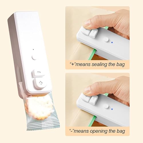 Vista 5 de Mini sellador de bolsas, sellador y cortador de bolsas 2 en 1 portátil 2025, mini máquina selladora recargable con imán para aperitivos, papas Blanco