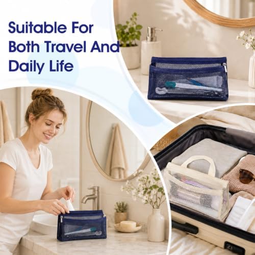 FAIRY CORA 2 Pcs Travel Toothbrush Bags, Portable Mesh Storage Pouches with Zipper for Men and Women, White and Navy — view 5